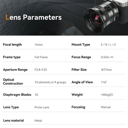 14mm f/2.8 Full-frame Wide Angle Lens for Sony E/Canon EOS-R/Nikon Z/ Panasonic L LUMIX S