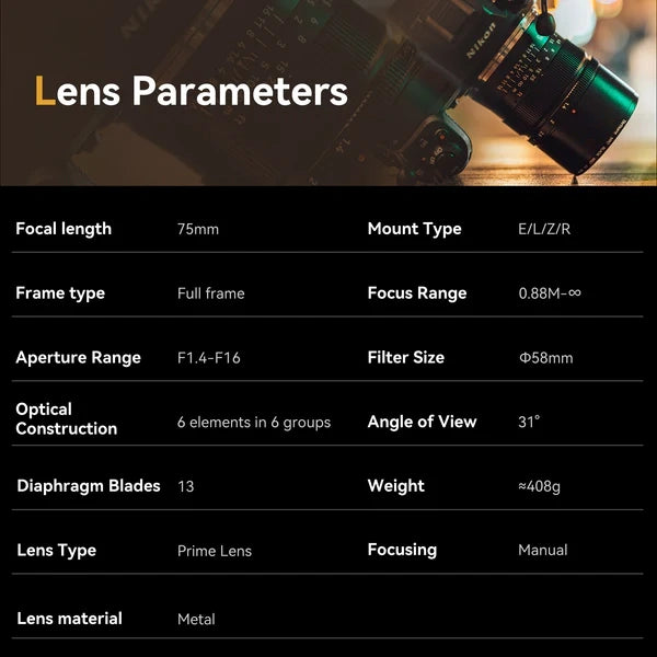 75mm f/1.4 Full-frame Lens for Sony E/Canon EOS-R/Nikon Z/ Panasonic L LUMIX S